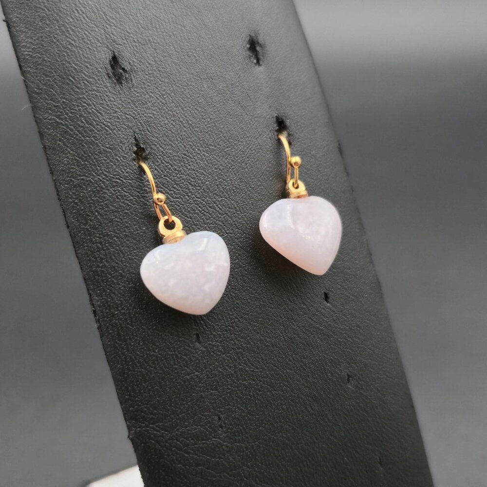 Gold Plated Lavender Jadeite Heart Dangle Earrings A7168 - Picture 2 of 5